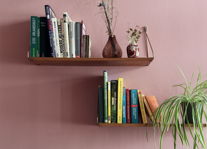 Home hiding places: Books and plants on wall shelves against a pink wall.