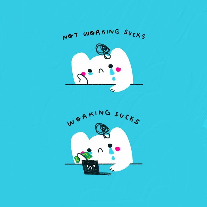 Cute characters feeling sad about working and not working on a blue background.