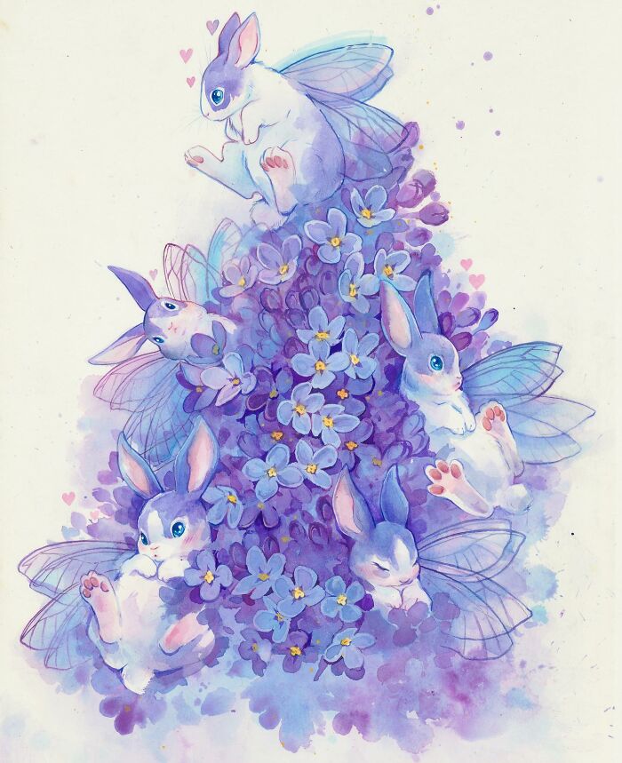 Dream-like painting of fairy bunnies nestled in purple flowers, exuding a playful charm.