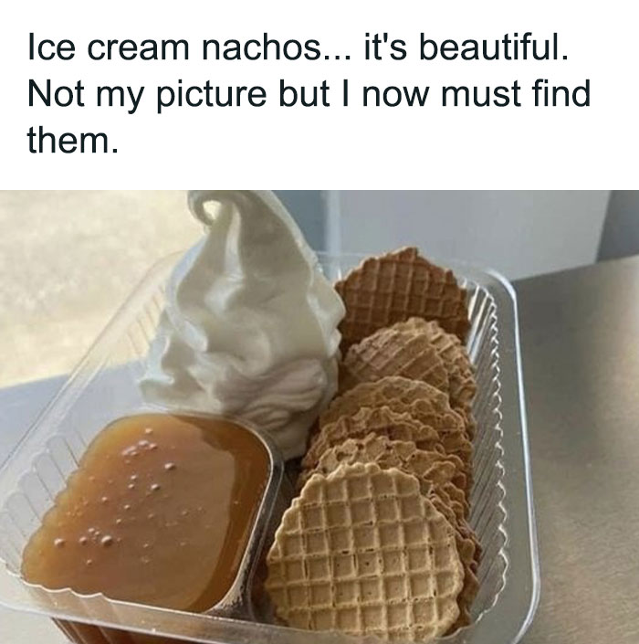 Ice cream nachos served with caramel dip and waffle chips in a tray, a popular food-related meme on Facebook.