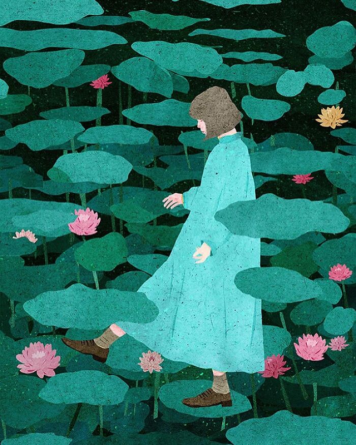 Vietnamese artist's serene illustration of a figure in a turquoise dress walking among lotus leaves and flowers.