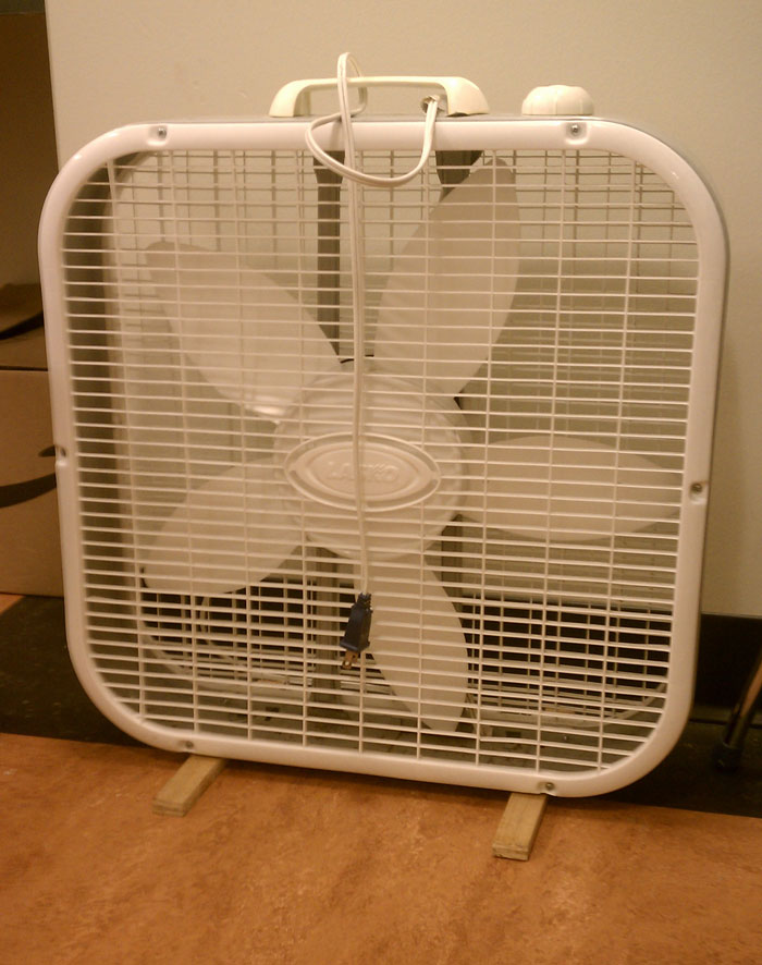 A white box fan on a wooden floor next to a wall.