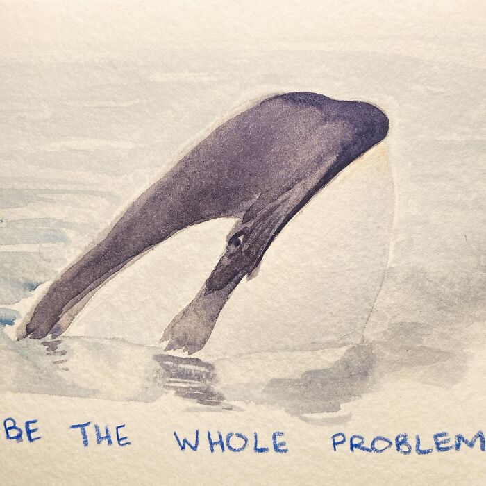 Sassy watercolor painting of a whale with pop culture references.