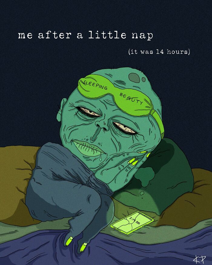Comic illustration of a tired alien in bed with a “Sleeping Beauty” mask, humorously depicting a 14-hour nap.