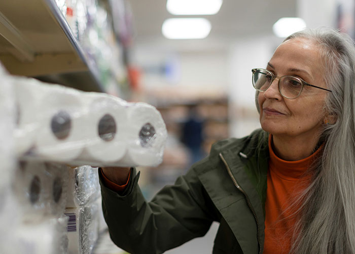 Woman browsing toilet paper in store aisle, highlighting unserious reasons for brand boycott.