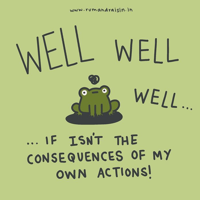 Illustration of a frog contemplating its actions with text about consequences; anxiety experiences depicted humorously.