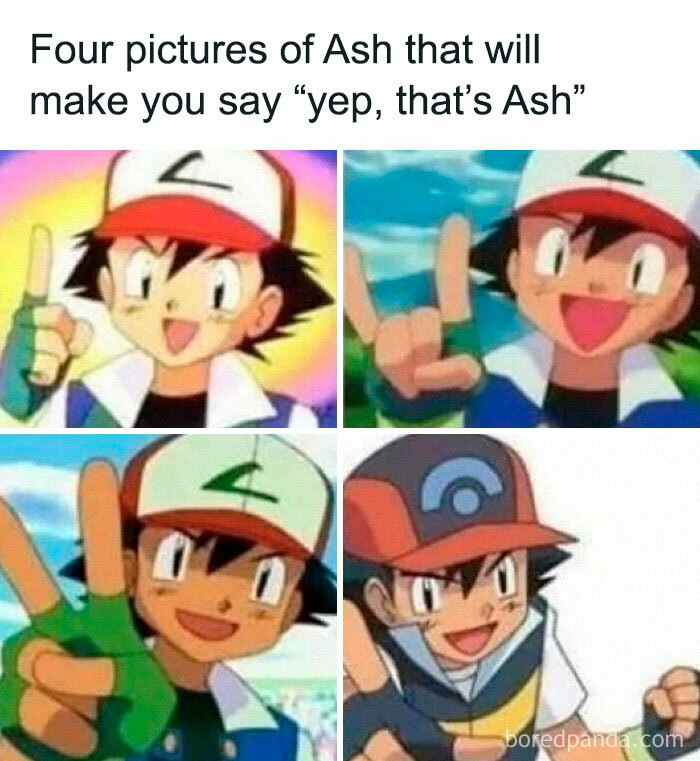 Ash in four literal memes, each showing signature hat and joyful expressions.