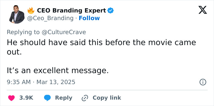 Tweet by CEO Branding Expert discussing Anthony Mackie's views on masculinity in Captain America controversy.
