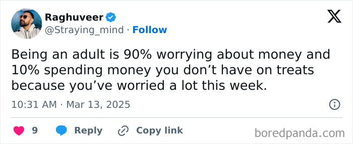 Meme about adulthood, highlighting money worries and indulgence.