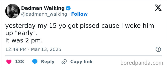 Tweet about parenting struggles with a teenager who thinks 2 p.m. is early wake-up time.