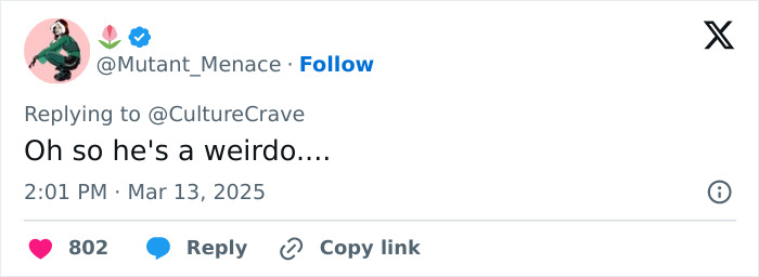 Tweet reacting to Anthony Mackie's views on masculinity, calling him a "weirdo," timestamped March 13, 2025.