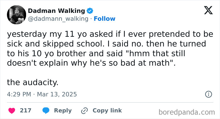 Parent shares a funny tweet about their kids' witty observation on skipping school and math skills.