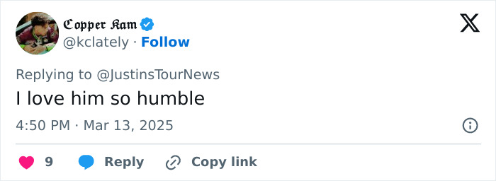 Twitter reply mentioning Justin Bieber, expressing admiration for his humility.