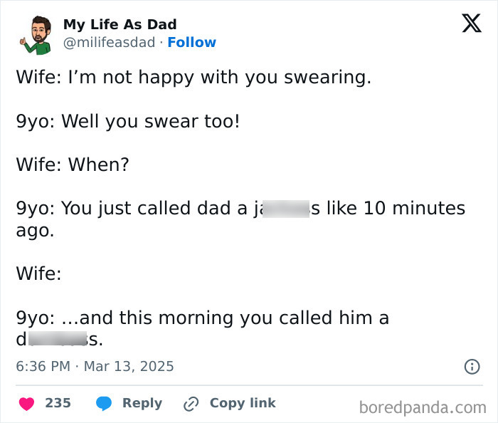 Funny and relatable Twitter post about swearing, shared by a parent in March.