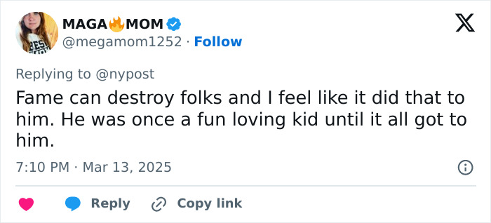 Tweet about fame's impact, referencing impostor syndrome and Justin Bieber's struggles with emotional words.