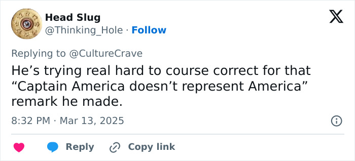 Tweet discussing Captain America controversy and remarks on representation.