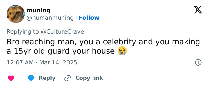 Tweet discussing celebrity security choices, related to Anthony Mackie and masculinity.