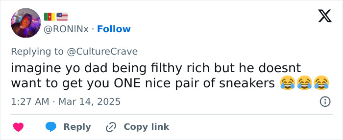 Tweet about wanting sneakers despite a wealthy father, mentioning Captain America and masculinity.