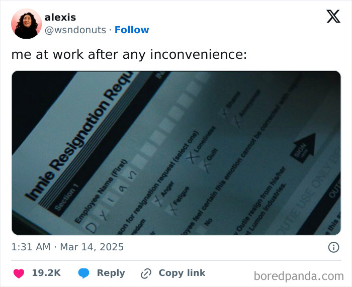 Funny work tweet with resignation form, humorously depicting work frustrations.