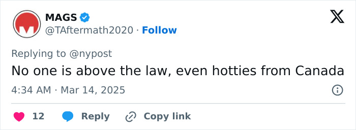 Tweet stating "No one is above the law, even hotties from Canada," related to American Pie star's ICE release.