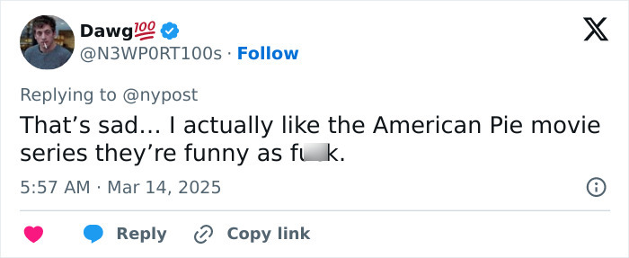 Tweet expressing sadness over 'American Pie' star's situation with ICE, praising the movie series.