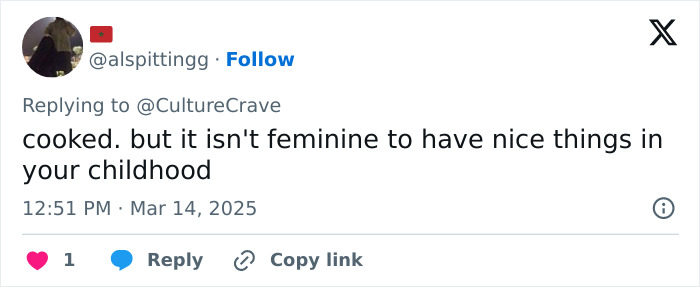 Tweet discussing masculinity and childhood, highlighting views on femininity in context of Anthony Mackie's Captain America.