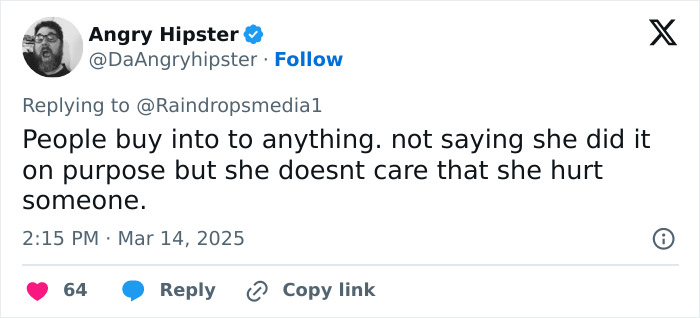 Tweet about the track star involved in baton assault case, discussing public perception and her alleged indifference.