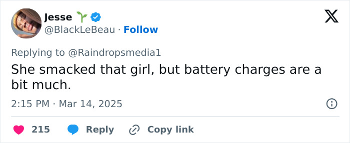 Tweet by Jesse questioning the severity of battery charges for a track star involved in a baton incident.