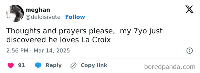Tweet by parent humorously sharing their 7-year-old's new love for La Croix.