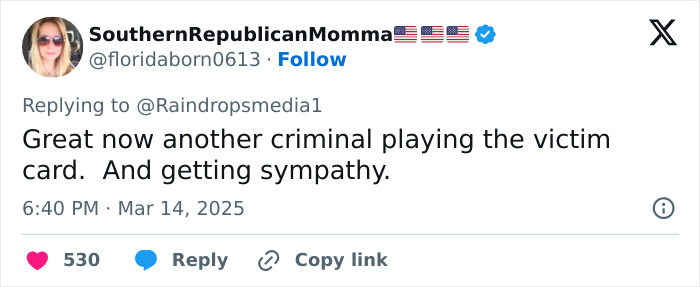 Tweet by SouthernRepublicanMomma commenting on track star rally after baton assault charge.