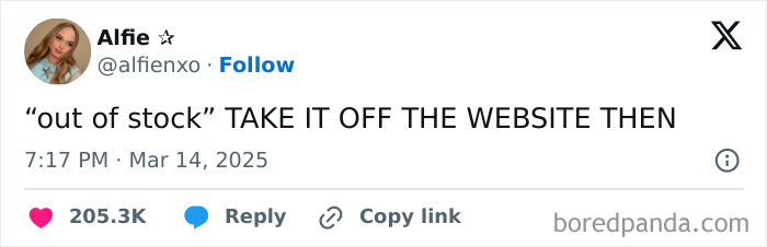 Funny post about an "out of stock" item on a website, capturing humorous frustration.