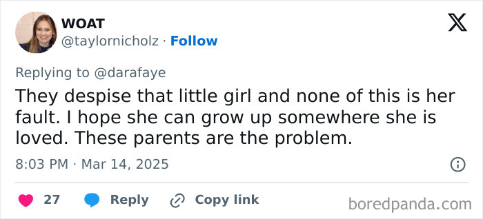 Tweet criticizing parents over treatment of a 6-year-old girl standing in cold with a sign; mentions parental issues.