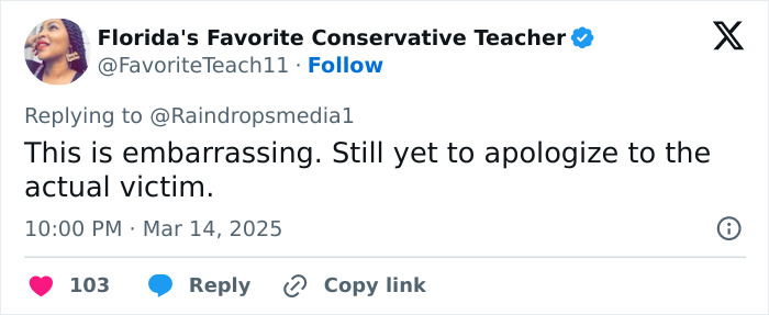 Tweet criticizing track star over baton assault charges, mentioning lack of apology to victim.