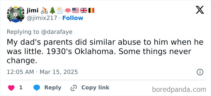 Tweet on abusive parenting, referencing 1930s Oklahoma. Copied link and like icons visible.