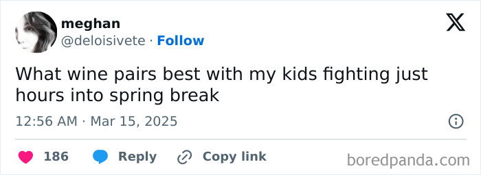 Parent tweets humorously about kids fighting during spring break.