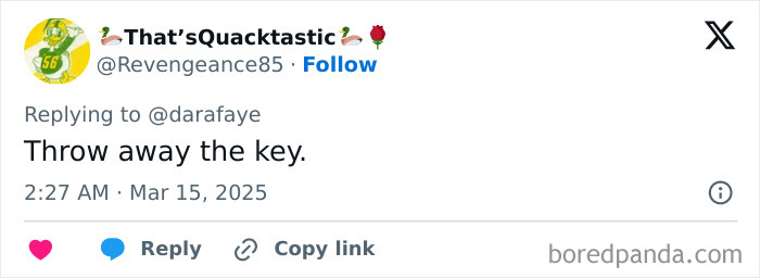 Tweet screenshot responding to police officer incident with a message saying, "Throw away the key.