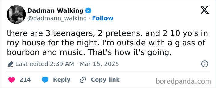 Parent tweets about handling teenagers and preteens at home with humor and bourbon.