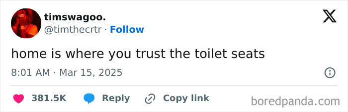 Funny X post about trusting toilet seats at home with timestamp and user interaction data.