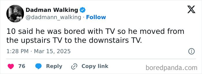 Funny parent tweet about a child switching from an upstairs TV to a downstairs TV.