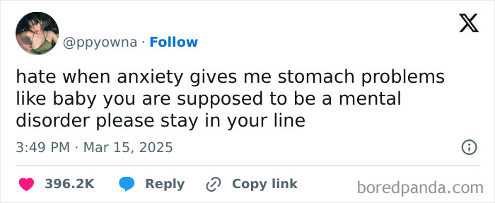 Post about anxiety and humor with a tweet discussing mental disorder symptoms, gaining viral attention in March edition.