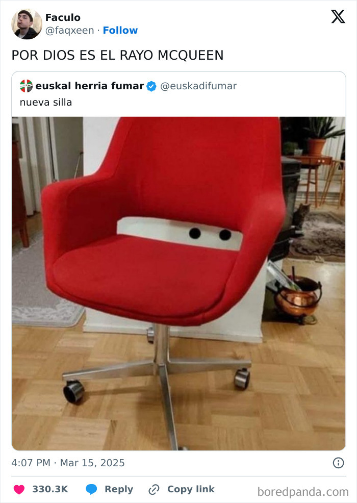 Red office chair humorously resembling a character's face with eyes, capturing the spirit of funny posts in March.