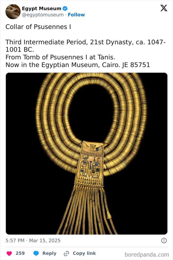 Ancient Egyptian artifact: Psusennes I collar from the 21st Dynasty, displayed in the Egyptian Museum, Cairo.