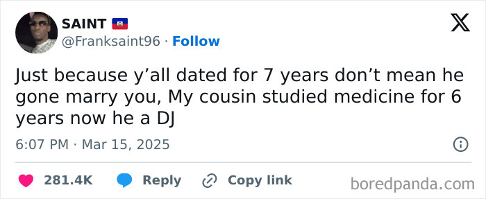 Funny tweet about relationships and career changes, highlighting a humorous comparison.