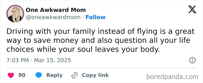 Hilarious tweet by a parent humorously comparing driving with family to questioning life choices.