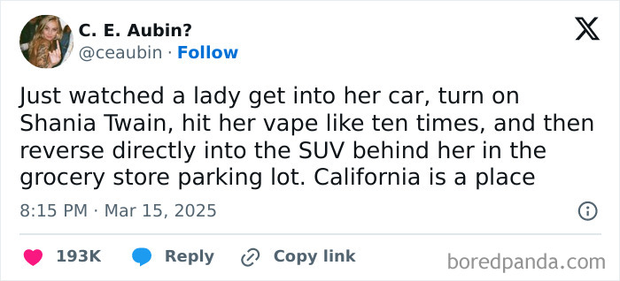 Funny post about a lady reversing into an SUV in a parking lot, highlighting humorous incidents in California.