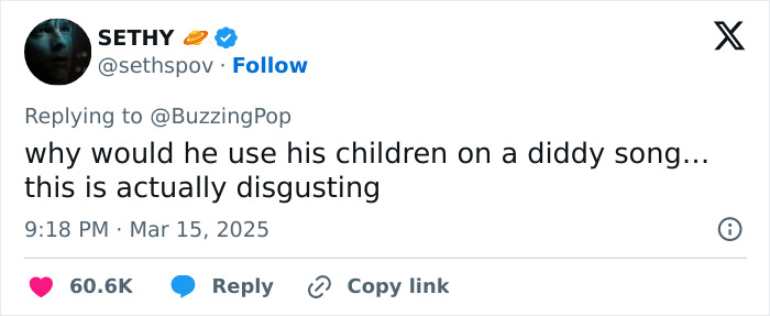 Tweet criticizing Kanye West's use of North in a Diddy song, calling it "disgusting. Tweet criticizing Kanye West's use of North in a Diddy song, calling it "disgusting.