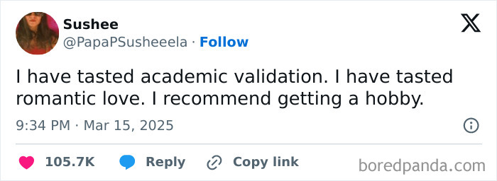 Tweet about academic validation and romance, humorously suggesting hobbies as a preferred choice.