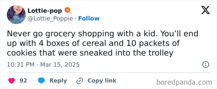Funny and relatable tweet about grocery shopping mishaps with kids, shared by a parent.