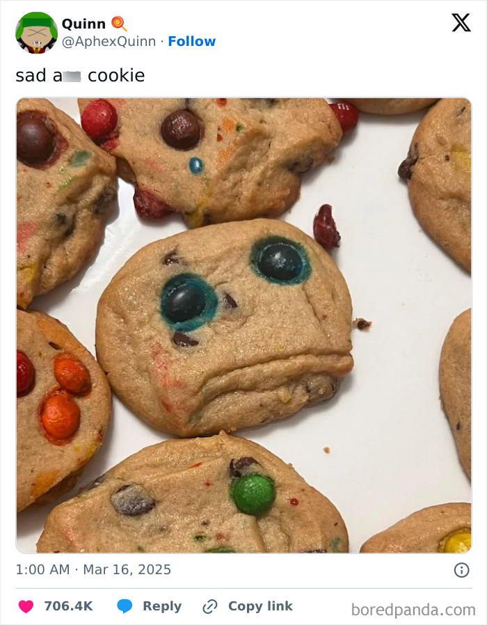 Cookies with candy eyes, one resembling a sad face. Trending generational wealth meme, March edition.