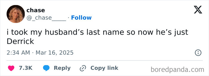 Funny X post: A humorous tweet about name changes in marriage, trending in March.